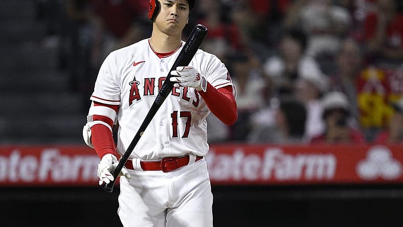 Aug 23, 2023; Anaheim, California, USA; Los Angeles Angels designated hitter Shohei Ohtani (17) looks at his bat during the ninth inning against the Cincinnati Reds at Angel Stadium. Mandatory Credit: Orlando Ramirez-USA TODAY Sports