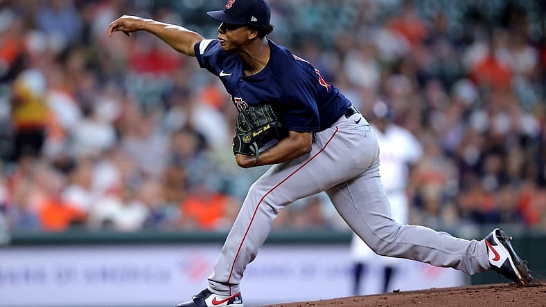 Aug 24, 2023; Houston, Texas, USA; Boston Red Sox starting pitcher Brayan Bello (66) delivers a pitch against the Houston Astros during the first inning at Minute Maid Park. Mandatory Credit: Erik Williams-USA TODAY Sports