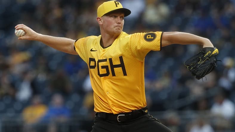Aug 25, 2023; Pittsburgh, Pennsylvania, USA; Pittsburgh Pirates starting pitcher Mitch Keller (23) delivers a pitch against the Chicago Cubs during the first inning at PNC Park. Mandatory Credit: Charles LeClaire-USA TODAY Sports