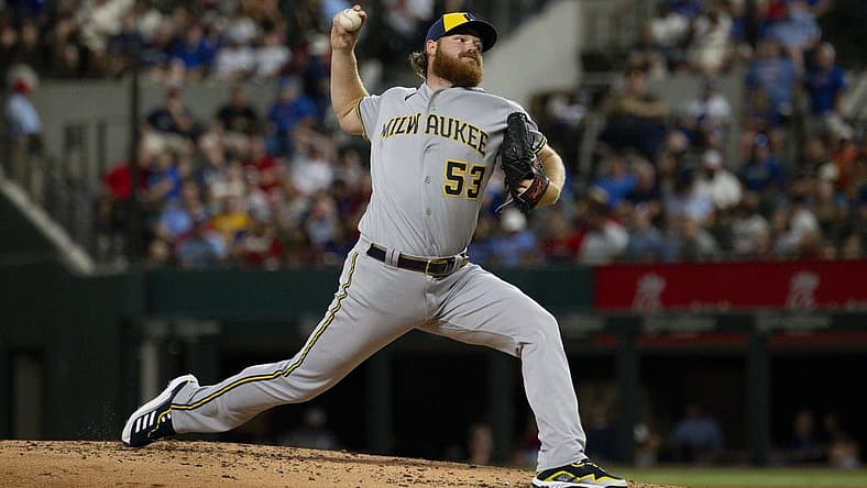 Aug 18, 2023; Arlington, Texas, USA; Milwaukee Brewers starting pitcher Brandon Woodruff (53) in action during the game between the Texas Rangers and the Milwaukee Brewers at Globe Life Field. Mandatory Credit: Jerome Miron-USA TODAY Sports