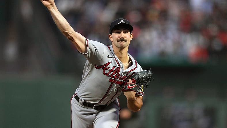Aug 25, 2023; San Francisco, California, USA; Atlanta Braves starting pitcher Spencer Strider (99) throws a pitch against the San Francisco Giants during the third inning at Oracle Park. Mandatory Credit: Darren Yamashita-USA TODAY Sports