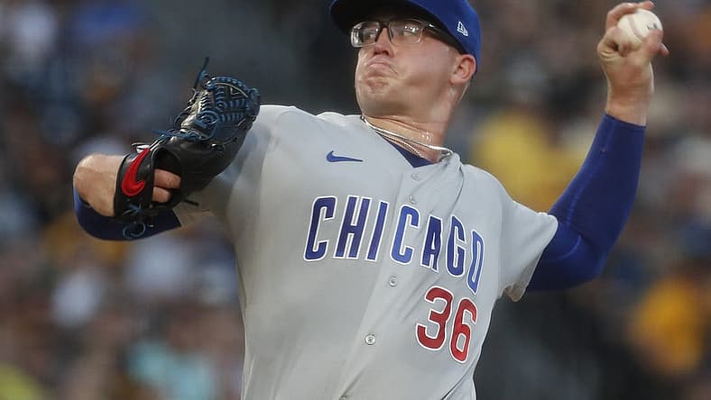 Aug 26, 2023; Pittsburgh, Pennsylvania, USA; Chicago Cubs starting pitcher Jordan Wicks (36) delivers a pitch in his major league debut against the Pittsburgh Pirates during the first inning at PNC Park. Mandatory Credit: Charles LeClaire-USA TODAY Sports