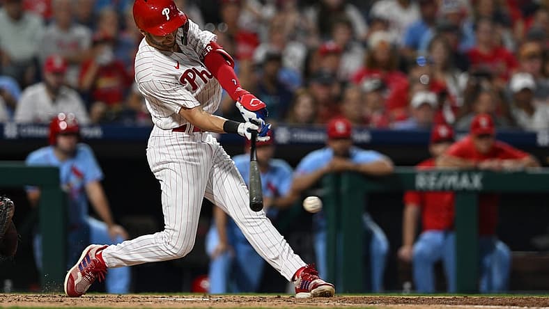 Aug 26, 2023; Philadelphia, Pennsylvania, USA; Philadelphia Phillies shortstop Trea Turner (7) grounds into a double play and drives in a run in the third inning against the St. Louis Cardinals at Citizens Bank Park. Mandatory Credit: John Geliebter-USA TODAY Sports