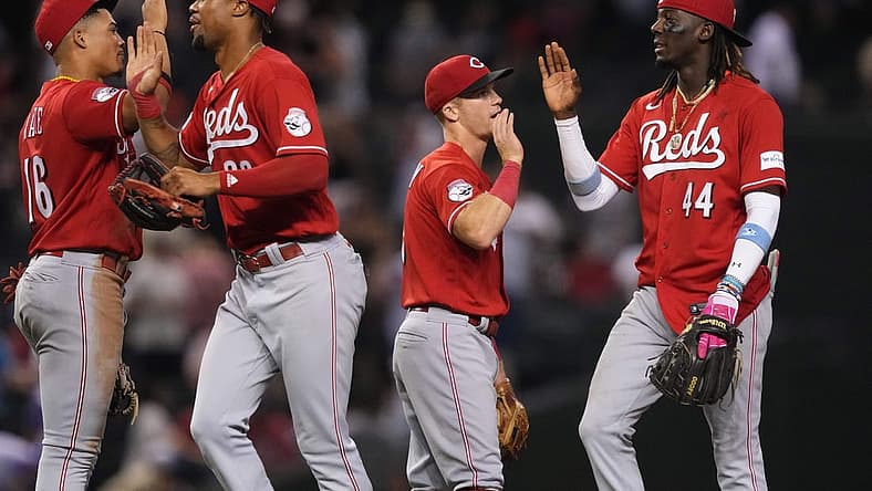 Aug 26, 2023; Phoenix, Arizona, USA; Cincinnati Reds players celebrate after defeating the Arizona Diamondbacks at Chase Field. Mandatory Credit: Joe Camporeale-USA TODAY Sports