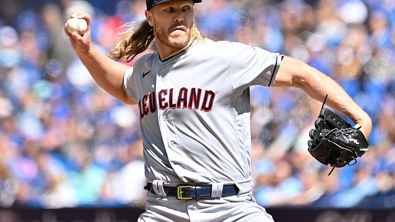 Aug 27, 2023; Toronto, Ontario, CAN; Cleveland Guardians starting pitcher Noah Syndergaard (34) delivers a pitch against the Toronto Blue Jays in the first inning at Rogers Centre. Mandatory Credit: Dan Hamilton-USA TODAY Sports