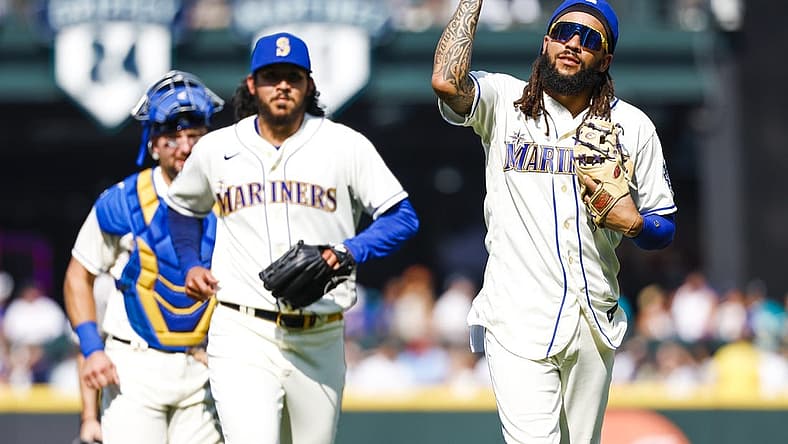 Aug 27, 2023; Seattle, Washington, USA; Seattle Mariners shortstop J.P. Crawford (3) celebrates following a 3-2 victory against the Kansas City Royals at T-Mobile Park. Mandatory Credit: Joe Nicholson-USA TODAY Sports
