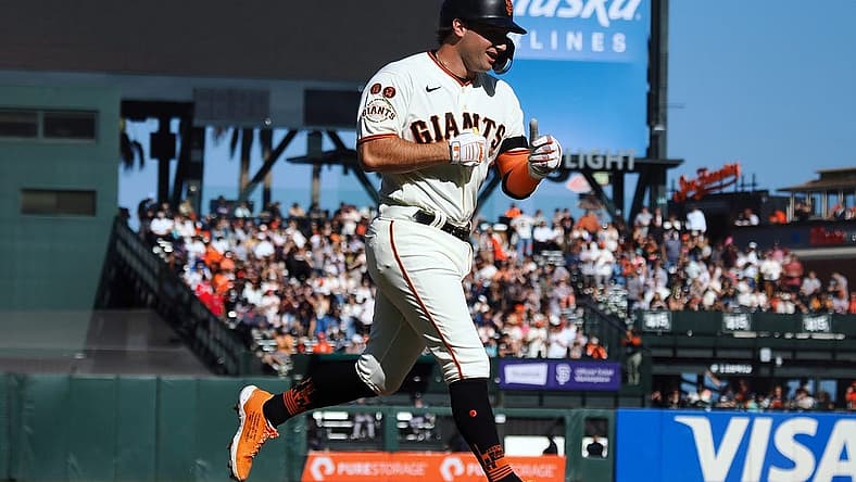 Aug 27, 2023; San Francisco, California, USA; San Francisco Giants third baseman Casey Schmitt (6) rounds the bases on a solo home run against the Atlanta Braves during the second inning at Oracle Park. Mandatory Credit: Kelley L Cox-USA TODAY Sports