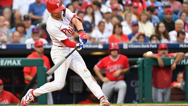 Aug 28, 2023; Philadelphia, Pennsylvania, USA; Philadelphia Phillies shortstop Trea Turner (7) hits a home run during the first inning against the Los Angeles Angels at Citizens Bank Park. Mandatory Credit: Eric Hartline-USA TODAY Sports