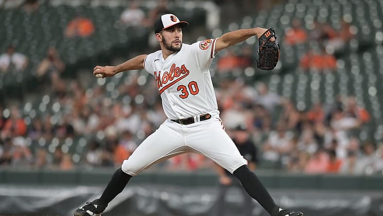Aug 28, 2023; Baltimore, Maryland, USA; Baltimore Orioles starting pitcher Grayson Rodriguez (30) throws a second inning pitch against the Chicago White Sox at Oriole Park at Camden Yards. Mandatory Credit: Tommy Gilligan-USA TODAY Sports