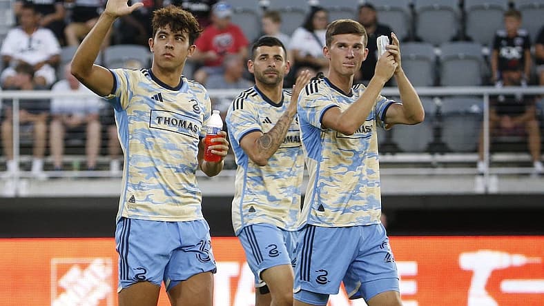 Aug 26, 2023; Washington, District of Columbia, USA; Philadelphia Union players wave to fans in the stands prior to their game against D.C. United at Audi Field. Mandatory Credit: Amber Searls-USA TODAY Sports