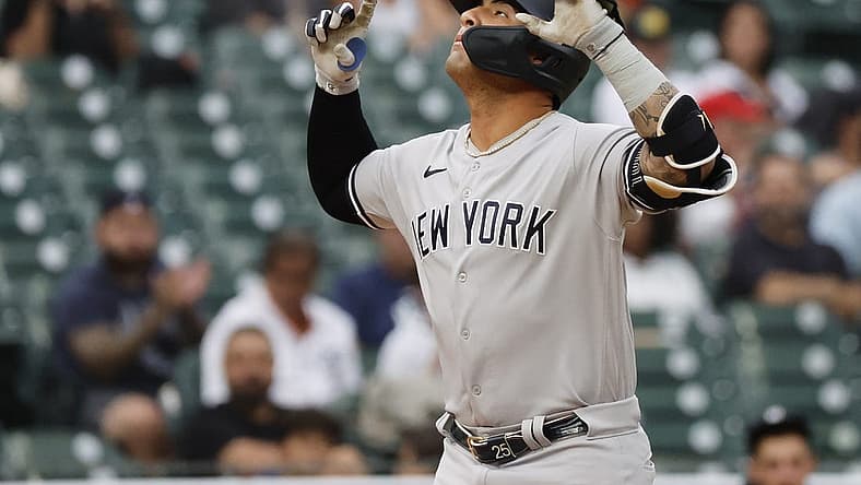 Aug 29, 2023; Detroit, Michigan, USA; New York Yankees second baseman Gleyber Torres (25) celebrates after hitting a home run in the first inning against the Detroit Tigers at Comerica Park. Mandatory Credit: Rick Osentoski-USA TODAY Sports