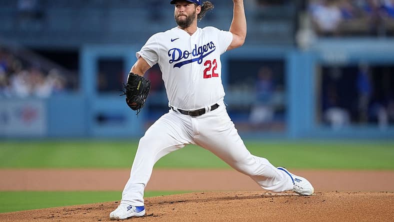 Aug 29, 2023; Los Angeles, California, USA; Los Angeles Dodgers starting pitcher Clayton Kershaw (22) pitches in the first inning against the Arizona Diamondbacks at Dodger Stadium. Mandatory Credit: Kirby Lee-USA TODAY Sports