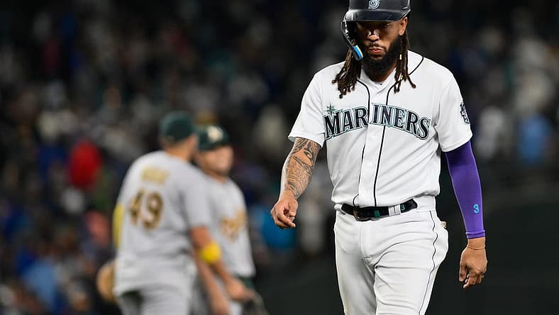 Aug 29, 2023; Seattle, Washington, USA; Seattle Mariners shortstop J.P. Crawford (3) walks off the field after the Oakland Athletics defeated the Seattle Mariners at T-Mobile Park. Mandatory Credit: Steven Bisig-USA TODAY Sports