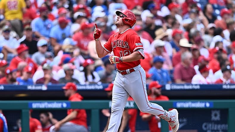 Aug 30, 2023; Philadelphia, Pennsylvania, USA; Los Angeles Angels outfielder Hunter Renfroe (12) reacts after hitting a two-run home run against the Philadelphia Phillies in the second inning at Citizens Bank Park. Mandatory Credit: Kyle Ross-USA TODAY Sports