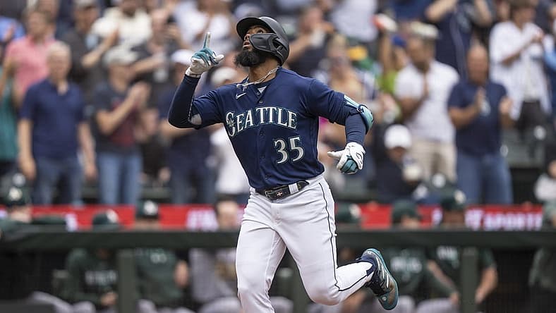 Aug 30, 2023; Seattle, Washington, USA; Seattle Mariners right fielder Teoscar Hernandez (35) rounds the bases after hitting a three-run home run third inning against the Oakland Athletics at T-Mobile Park. Mandatory Credit: Stephen Brashear-USA TODAY Sports