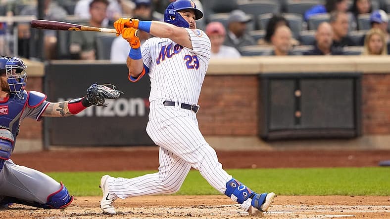 Aug 30, 2023; New York City, New York, USA; New York Mets right fielder DJ Steward (29) hits a home run against the Texas Rangers during the second inning at Citi Field. Mandatory Credit: Gregory Fisher-USA TODAY Sports
