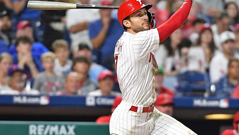 Aug 28, 2023; Philadelphia, Pennsylvania, USA; Philadelphia Phillies shortstop Trea Turner (7) against the Los Angeles Angels at Citizens Bank Park. Mandatory Credit: Eric Hartline-USA TODAY Sports