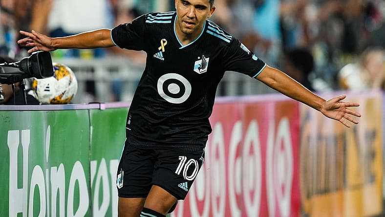 Aug 30, 2023; Saint Paul, Minnesota, USA; Minnesota United midfielder Emanuel Reynoso (10) celebrates his second goal during the first half against Colorado Rapids at Allianz Field. Mandatory Credit: Brace Hemmelgarn-USA TODAY Sports