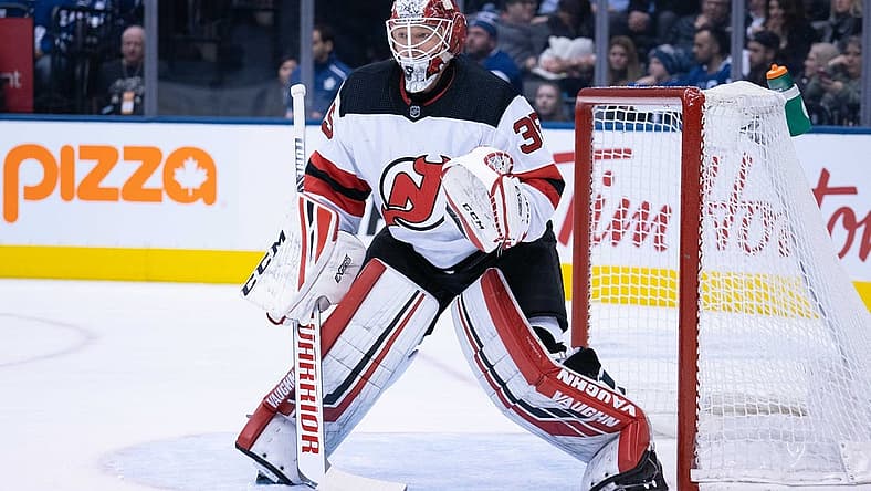 Jan 14, 2020; Toronto, Ontario, CAN; New Jersey Devils goaltender Cory Schneider (35) follows the play during the second period against the Toronto Maple Leafs at Scotiabank Arena. Mandatory Credit: Nick Turchiaro-USA TODAY Sports