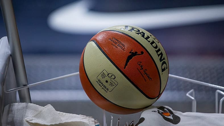Oct 2, 2020; Bradenton, Florida, USA; A game ball waits on a sanitation cart during game 1 of the WNBA finals between the Las Vegas Aces and the Seattle Storm at IMG Academy. Mandatory Credit: Mary Holt-USA TODAY Sports