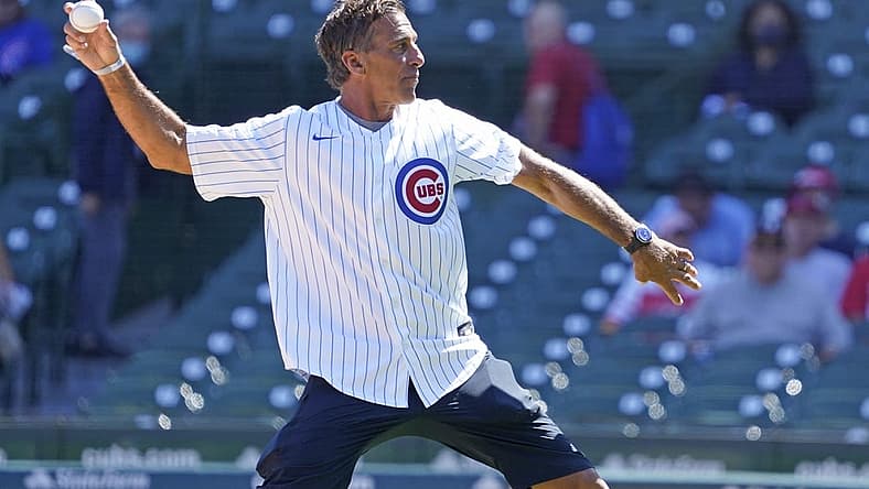 Sep 6, 2021; Chicago, Illinois, USA; NHL Hall of Famer Chris Chelios throws out a ceremonial first pitch before the game between the Chicago Cubs and the Cincinnati Reds at Wrigley Field. Mandatory Credit: David Banks-USA TODAY Sports