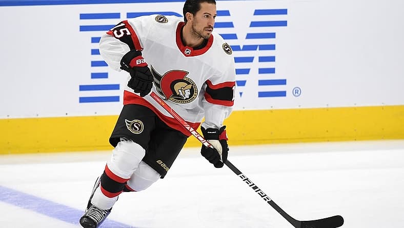 Oct 9, 2021; Toronto, Ontario, CAN; Ottawa Senators defenseman Michael Del Zotto (15) warms up before playing Toronto Maple Leafs at Scotiabank Arena. Mandatory Credit: Dan Hamilton-USA TODAY Sports