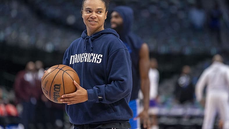 Mar 5, 2022; Dallas, Texas, USA; Dallas Mavericks assistant coach Kristi Toliver before the game between the Dallas Mavericks and the Sacramento Kings at the American Airlines Center. Mandatory Credit: Jerome Miron-USA TODAY Sports