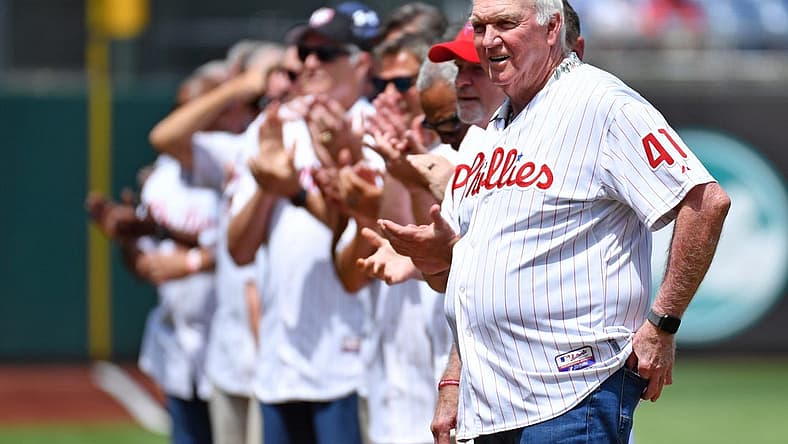 Aug 7, 2022; Philadelphia, Pennsylvania, USA; Former Philadelphia Phillies manager Charlie Manuel acknowledges the crowd during Alumni Day ceremony before game against the Washington Nationals at Citizens Bank Park. Mandatory Credit: Eric Hartline-USA TODAY Sports