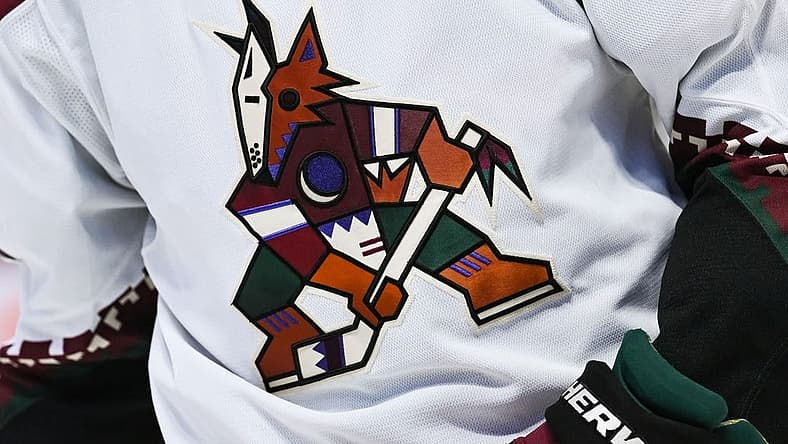 Oct 20, 2022; Montreal, Quebec, CAN; View of an Arizona Coyotes logo on a jersey worn by a member of the team during the third period at Bell Centre. Mandatory Credit: David Kirouac-USA TODAY Sports