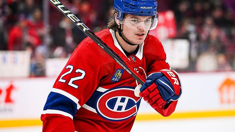 Jan 17, 2023; Montreal, Quebec, CAN; Montreal Canadiens right wing Cole Caufield (22) during warm-up before the game against the Winnipeg Jets at Bell Centre. Mandatory Credit: David Kirouac-USA TODAY Sports