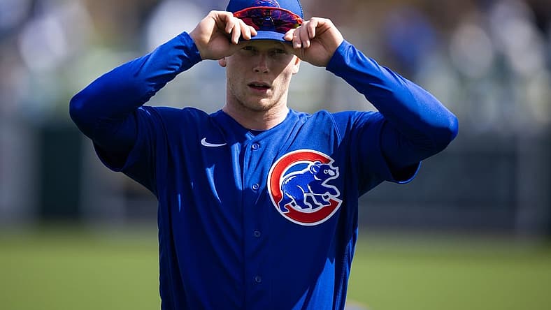 Feb 26, 2023; Phoenix, Arizona, USA; Chicago Cubs outfielder Pete Crow-Armstrong against the Los Angeles Dodgers during a spring training game at Camelback Ranch-Glendale. Mandatory Credit: Mark J. Rebilas-USA TODAY Sports