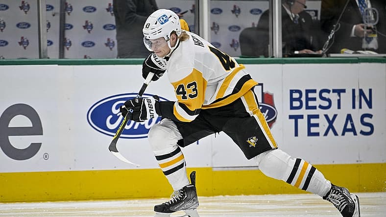 Mar 23, 2023; Dallas, Texas, USA; Pittsburgh Penguins left wing Danton Heinen (43) in action during the game between the Dallas Stars and the Pittsburgh Penguins at American Airlines Center. Mandatory Credit: Jerome Miron-USA TODAY Sports