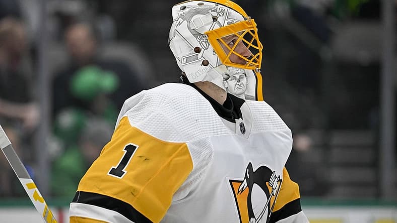 Mar 23, 2023; Dallas, Texas, USA; Pittsburgh Penguins goaltender Casey DeSmith (1) during the game between the Dallas Stars and the Pittsburgh Penguins at American Airlines Center. Mandatory Credit: Jerome Miron-USA TODAY Sports