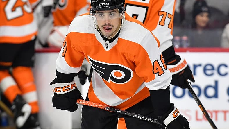 Mar 28, 2023; Philadelphia, Pennsylvania, USA; Philadelphia Flyers center Morgan Frost (48) against the Montreal Canadiens at Wells Fargo Center. Mandatory Credit: Eric Hartline-USA TODAY Sports