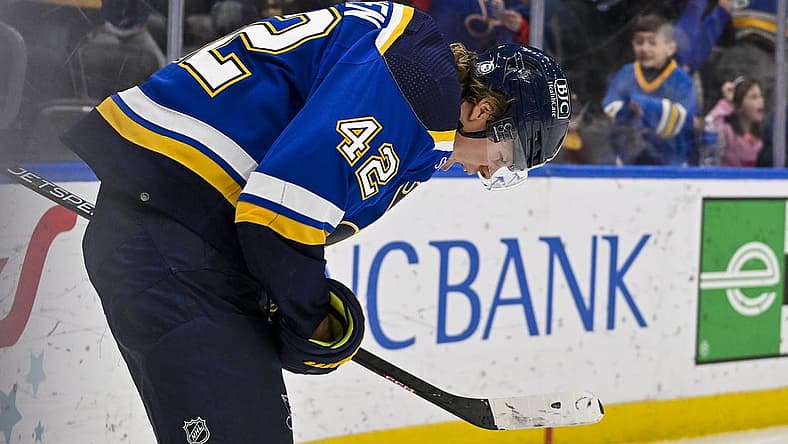 Apr 6, 2023; St. Louis, Missouri, USA; St. Louis Blues right wing Kasperi Kapanen (42) reacts after scoring the game winning goal in overtime against the New York Rangers at Enterprise Center. Mandatory Credit: Jeff Curry-USA TODAY Sports
