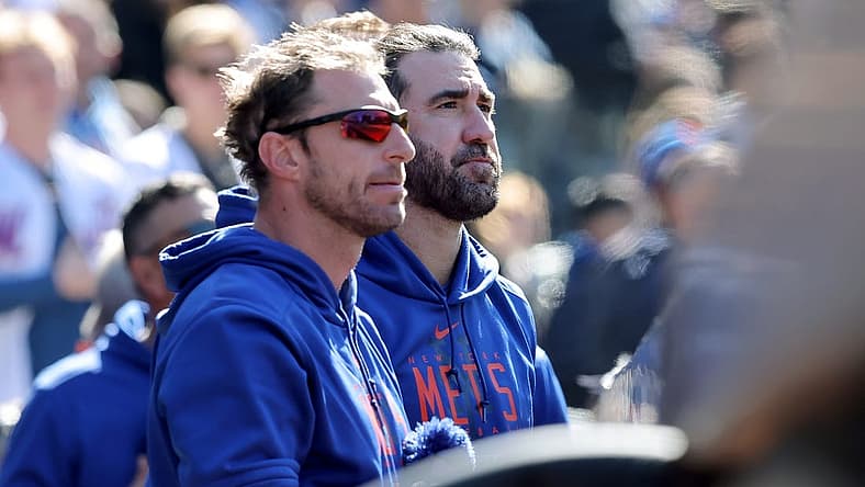 Apr 9, 2023; New York City, New York, USA; New York Mets starting pitchers Max Scherzer (left) and Justin Verlander stand together in the dugout during the seventh inning against the Miami Marlins at Citi Field. Mandatory Credit: Brad Penner-USA TODAY Sports