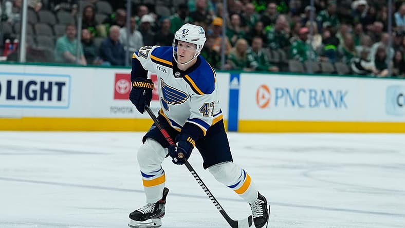 Apr 13, 2023; Dallas, Texas, USA; St. Louis Blues defenseman Torey Krug (47) skates with the puck against the Dallas Stars during the first period at American Airlines Center. Mandatory Credit: Chris Jones-USA TODAY Sports