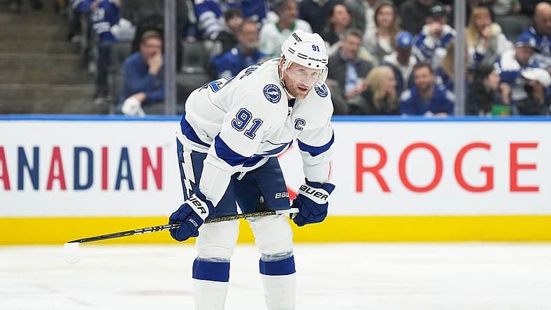 Apr 20, 2023; Toronto, Ontario, CAN; Tampa Bay Lightning center Steven Stamkos (91) gets ready for the play to begin against the Toronto Maple Leafs during the third period in game two of the first round of the 2023 Stanley Cup Playoffs at Scotiabank Arena. Mandatory Credit: Nick Turchiaro-USA TODAY Sports