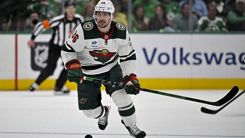 Apr 25, 2023; Dallas, Texas, USA; Minnesota Wild right wing Mats Zuccarello (36) in action during the game between the Dallas Stars and the Minnesota Wild in game five of the first round of the 2023 Stanley Cup Playoffs at American Airlines Center. Mandatory Credit: Jerome Miron-USA TODAY Sports