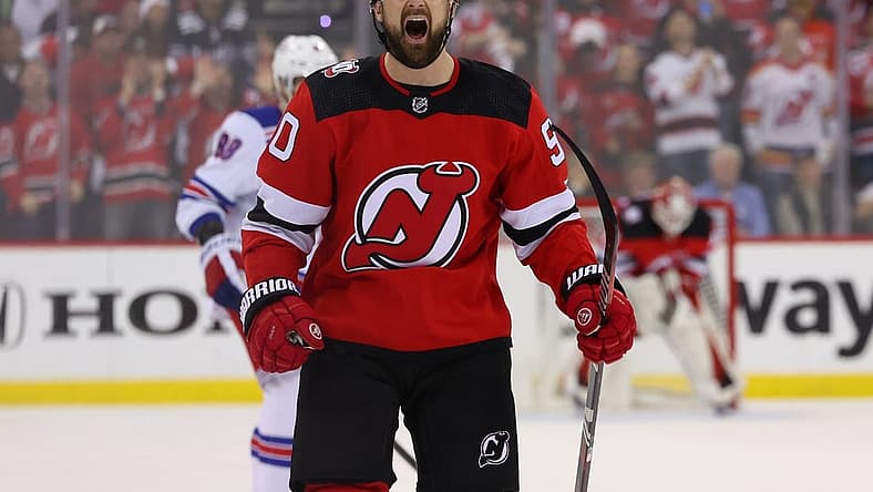 May 1, 2023; Newark, New Jersey, USA; New Jersey Devils left wing Tomas Tatar (90) celebrates his goal against the New York Rangers during the second period in game seven of the first round of the 2023 Stanley Cup Playoffs at Prudential Center. Mandatory Credit: Ed Mulholland-USA TODAY Sports