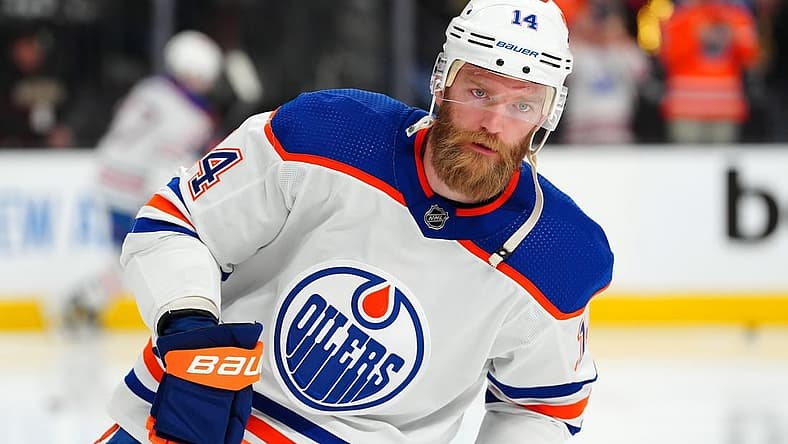 May 3, 2023; Las Vegas, Nevada, USA; Edmonton Oilers defenseman Mattias Ekholm (14) warms up before the start of game one of the second round of the 2023 Stanley Cup Playoffs against the Vegas Golden Knights at T-Mobile Arena. Mandatory Credit: Stephen R. Sylvanie-USA TODAY Sports