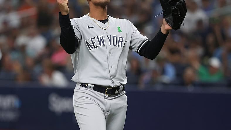 May 5, 2023; St. Petersburg, Florida, USA; New York Yankees relief pitcher Albert Abreu (84) reacts at the end of the fifth inning against the Tampa Bay Rays at Tropicana Field. Mandatory Credit: Kim Klement-USA TODAY Sports