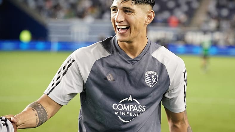 Jun 10, 2023; Kansas City, Kansas, USA; Sporting Kansas City forward Alan Pulido (9) celebrates at the end of the game against the Austin FC at Children's Mercy Park. Mandatory Credit: Denny Medley-USA TODAY Sports