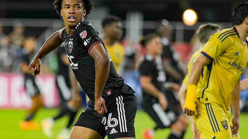 Jun 17, 2023; Washington, District of Columbia, USA; D.C. United forward Kristian Fletcher (26) reacts after a whistle during the second half against the Real Salt Lake at Audi Field. Real Salt Lake defeaterdf D.C. United 2-1.Mandatory Credit: Tommy Gilligan-USA TODAY Sports