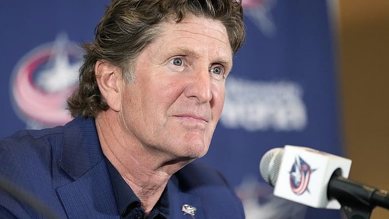 Jul 1, 2023; Columbus, OH, USA; Columbus Blue Jackets introduce Mike Babcock as their new head coach during a press conference at Nationwide Arena. Mandatory Credit: Kyle Robertson-USA TODAY NETWORK