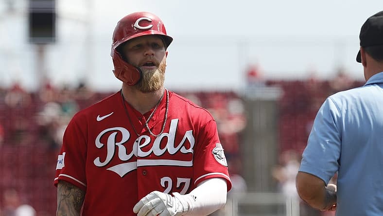 Jul 23, 2023; Cincinnati, Ohio, USA; Cincinnati Reds center fielder Jake Fraley (27) walks from third base after being tagged out against the Arizona Diamondbacks during the sixth inning at Great American Ball Park. Mandatory Credit: David Kohl-USA TODAY Sports