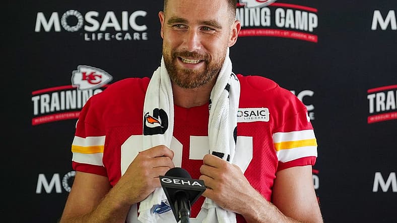 Jul 24, 2023; St. Joseph, MO, USA; Kansas City Chiefs tight end Travis Kelce (87) answers questions from reporters during training camp at Missouri Western State University. Mandatory Credit: Denny Medley-USA TODAY Sports