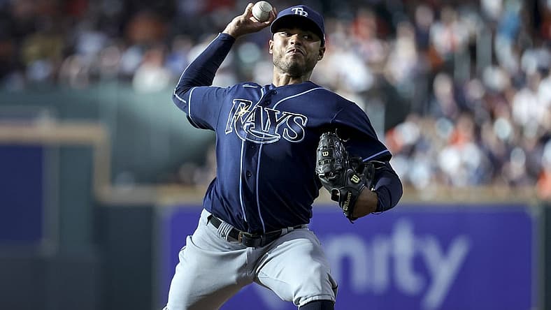Jul 29, 2023; Houston, Texas, USA; Tampa Bay Rays starting pitcher Taj Bradley (45) delivers a pitch during the second inning against the Houston Astros at Minute Maid Park. Mandatory Credit: Troy Taormina-USA TODAY Sports