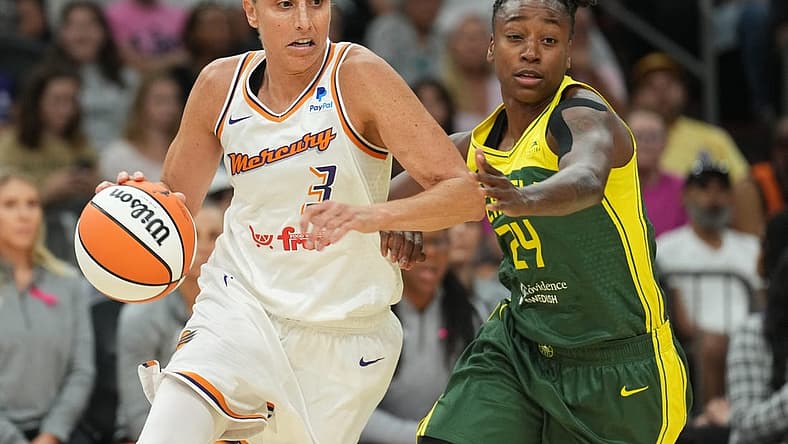 Aug 5, 2023; Phoenix, Arizona, USA; Phoenix Mercury guard Diana Taurasi (3) dribbles against Seattle Storm guard Jewell Loyd (24) during the first half at Footprint Center. Mandatory Credit: Joe Camporeale-USA TODAY Sports