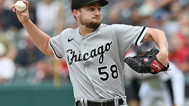 Aug 6, 2023; Cleveland, Ohio, USA; Chicago White Sox relief pitcher Jimmy Lambert (58) throws a pitch during the ninth inning against the Cleveland Guardians at Progressive Field. Mandatory Credit: Ken Blaze-USA TODAY Sports